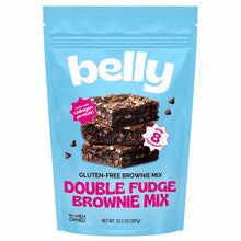 A light blue Belly brownie mix pouch shows a stack of three chocolate brownies and pink Double Fudge Brownie Mix lettering.