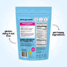 Back of a blue brownie mix pouch showing baking instructions, a Nutrition Facts panel, and callouts for gluten, dairy and nut free.