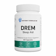 White DREM Sleep Aid bottle by Systemic Formulas containing 60 capsules with green band showing product icons.
