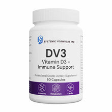 White bottle of DV3 Vitamin D3 Plus Immune Support capsules by Systemic Formulas with purple label band.