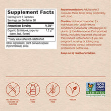 Supplement Facts label for Echinacea purpurea capsules with serving information, ingredients, and dietary attribute icons.
