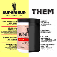 Black canister with pink strawberry-flavored electrolyte powder label next to yellow brand information card.
