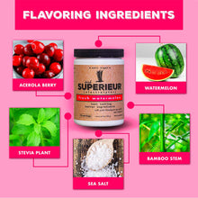 Superieur Electrolytes canister with fresh watermelon flavor surrounded by ingredient images including acerola berry, waterme