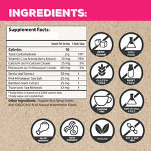 Supplement facts label showing ingredients and nutritional information with attribute badges for zero sugar, GMO-free, gluten