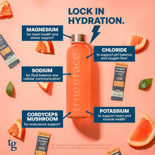 Orange ElectroMag electrolyte drink bottle surrounded by grapefruit slices and product sticks on pink background.