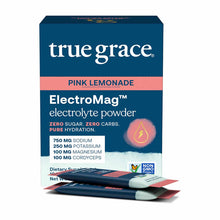 True Grace ElectroMag electrolyte powder in pink lemonade flavor with individual stick packets displayed next to the box.