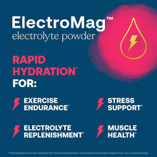 ElectroMag electrolyte powder package with pink glowing droplet icon and lightning bolt on dark blue background.