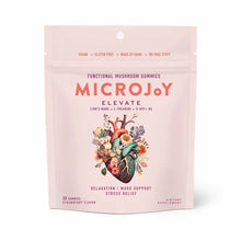 Pink resealable pouch of MicroJoy Elevate functional mushroom gummies with floral and anatomical heart illustration, 30 count