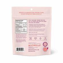 Pink resealable pouch of MicroJoy Elevate Gummies with supplement facts, ingredients, and product information printed on back