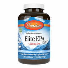 Carlson Labs Elite EPA Gems 1000 mg supplement bottle with white cap and blue label showing mountain imagery, 120 soft gels.
