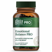 Gaia Herbs Pro Emotional Balance PRO bottle with green cap containing 60 dark liquid phyto-caps.