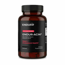 Brown glass bottle of ENDUR-ACIN Niacin 500mg extended-release tablets with black label and black screw-top cap.