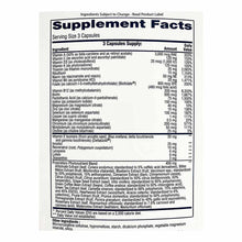 Supplement Facts label for Essential Multi showing serving size of 3 capsules with vitamins, minerals, and botanical ingredie