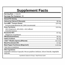 EstroCleanse supplement facts label listing 90 vegetable capsules with ingredients including turmeric extract, green tea extr