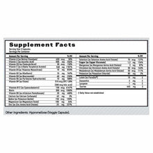 Supplement Facts label listing vitamins, minerals, and nutrients including vitamin A, B-complex, selenium, lutein, and taurin