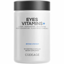 White plastic supplement bottle with black lid containing 120 vegetable capsules of Eyes Vitamins+ by Codeage.