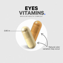 Two Codeage Eyes Vitamins+ capsules, one cream and one brown, measuring 0.90 inches with natural color variation.