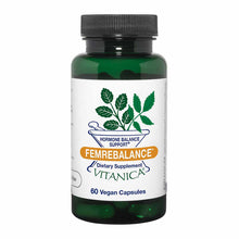 Vitanica Fem Rebalance bottle with white label, black cap, and 60 vegan capsules visible inside dark green glass container.