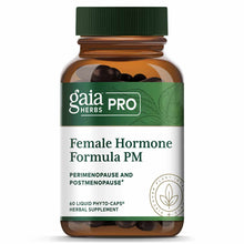 Gaia Herbs Pro Female Hormone Formula PM bottle with green cap containing 60 dark liquid phyto-caps.