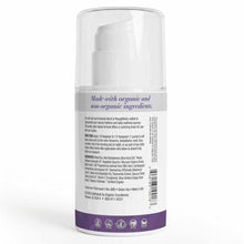 White cylindrical pump bottle with purple band and ingredient label, 3.3 oz Feminine Balance by Organic Excellence.