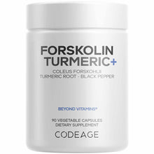 White supplement bottle labeled Forskolin Turmeric+ containing 90 vegetable capsules by Codeage.