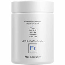 White supplement container with text listing BioPerine Black Pepper, vegan, non-GMO, soy-free, dairy-free, gluten-free, and c