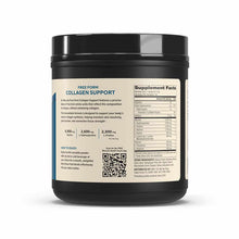 Black jar of Free Form Collagen Support powder with cream-colored label listing amino acid ingredients and supplement facts.
