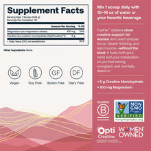 FuelHer RapidMix Creatine supplement facts label showing 5g creatine monohydrate and 100mg magnesium per serving, vegan and g