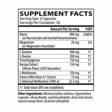Supplement Facts label showing ingredients including niacin, magnesium, L-tyrosine, L-taurine, bacopa extract, and other comp