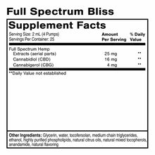 Full Spectrum Bliss supplement facts label showing 25 mg hemp extract with 16 mg CBD and 4 mg CBG per 2 mL serving.