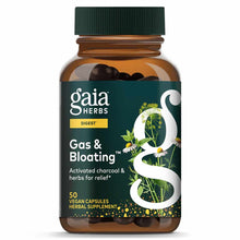 Gaia Herbs Gas & Bloating herbal supplement bottle with green cap containing 50 vegan capsules and herb illustrations on labe