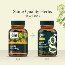 Two amber glass bottles with green caps labeled Gas & Bloating by Gaia Herbs, showing old and new packaging designs.