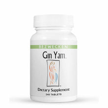 White bottle of Gin Yam dietary supplement tablets by Bezwecken with green band and figure illustration.