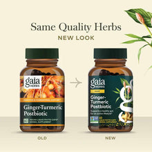 Two brown bottles of Gaia Herbs Ginger-Turmeric Postbiotic side by side showing old and new label designs.