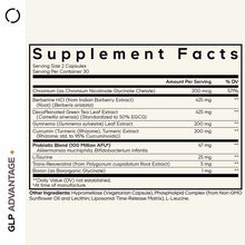 Supplement Facts label for GLP-Advantage+ by Codeage showing ingredients including chromium, berberine, green tea extract, an