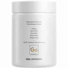 White cylindrical supplement container labeled GLP-Advantage+ with text describing triple-action formula, vegan, non-GMO, and