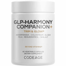 White supplement bottle labeled GLP-Harmony Companion+ by Codeage containing 60 vegetable capsules with Trim & Glow formula.
