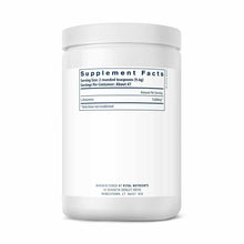 White powder container with white screw cap showing Supplement Facts label with L-Glutamine 9,600mg per serving.
