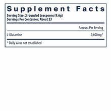 Supplement Facts label showing L-Glutamine 9,600mg per serving, 2 rounded teaspoons, approximately 23 servings per container.