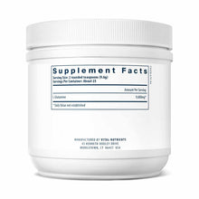 White plastic container with white screw-on lid labeled "Supplement Facts" containing L-Glutamine powder by Vital Nutrients.