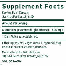 Supplement Facts label showing Glutathione 500mg per capsule, 30 servings per container, vegan capsule ingredients.