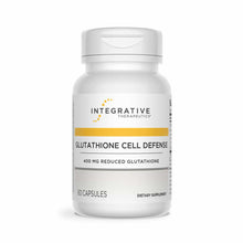 White bottle of Integrative Therapeutics Glutathione Cell Defense 400 mg supplement with yellow band and gold logo.