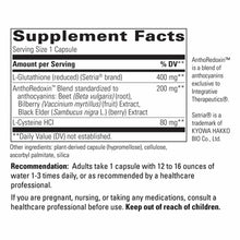 Supplement Facts label showing 400 mg reduced L-Glutathione per capsule serving with additional ingredients and usage recomme