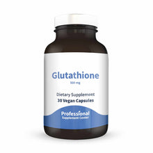 Glutathione 500 mg dietary supplement bottle with white and dark glass container, 30 vegan capsules by Professional Supplemen
