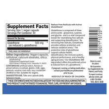 Glutathione supplement label showing 500 mg reduced L-glutathione per vegan capsule with supplement facts and ingredients lis