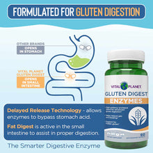 Vital Planet Gluten Digest Enzymes green bottle with white cap, 60 capsules, featuring digestive system diagram and product i