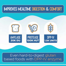 Product label showing enzyme ingredients: amylase 20K DU, protease 100K HUT, and DPP-IV 1.5K units on turquoise background.