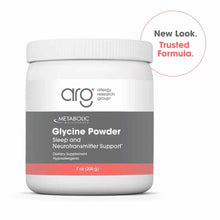 White plastic container with white screw-top lid labeled "Glycine Powder" by Allergy Research Group, 7 oz (200 g).
