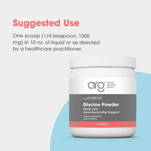 White plastic container with white screw cap labeled "Glycine Powder" by Allergy Research Group, 7 oz size.