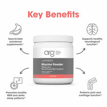 White plastic container of Allergy Research Group Glycine Powder, 7 oz, with gray and red label.
